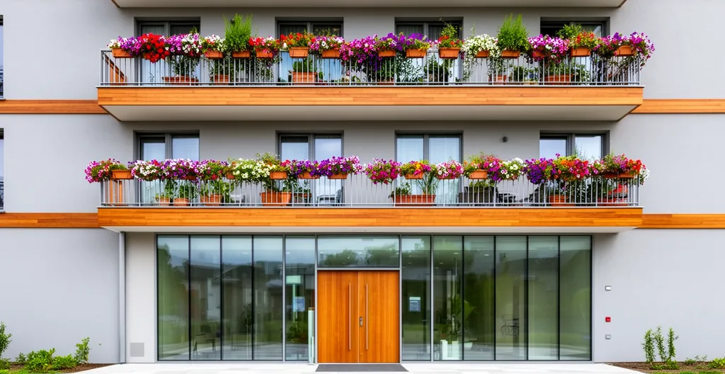 Façade moderne d'une résidence senior avec jardin paysager