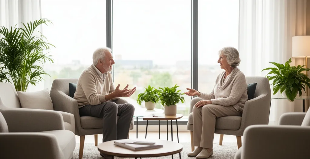 Deux seniors discutant dans un salon lumineux de résidence