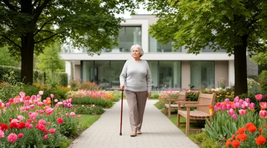 Femme senior marchant dans une allée de jardin fleuri d'une résidence