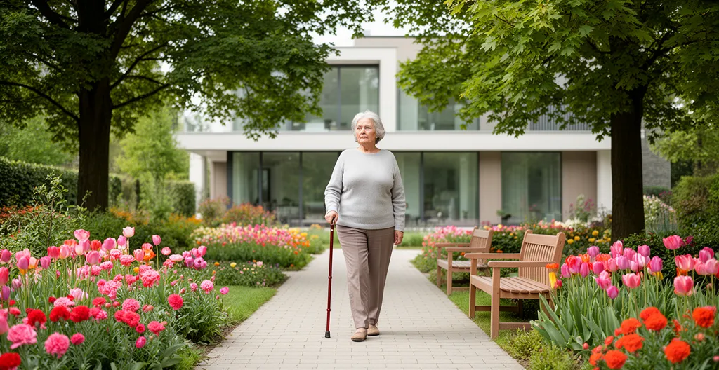 Femme senior marchant dans une allée de jardin fleuri d'une résidence