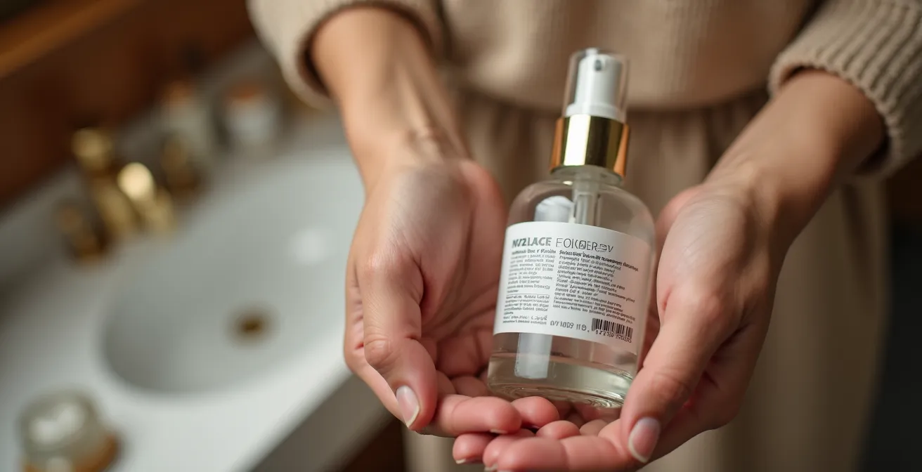 Mains tenant un flacon cosmétique retourné montrant l'étiquette arrière floue, lumière naturelle