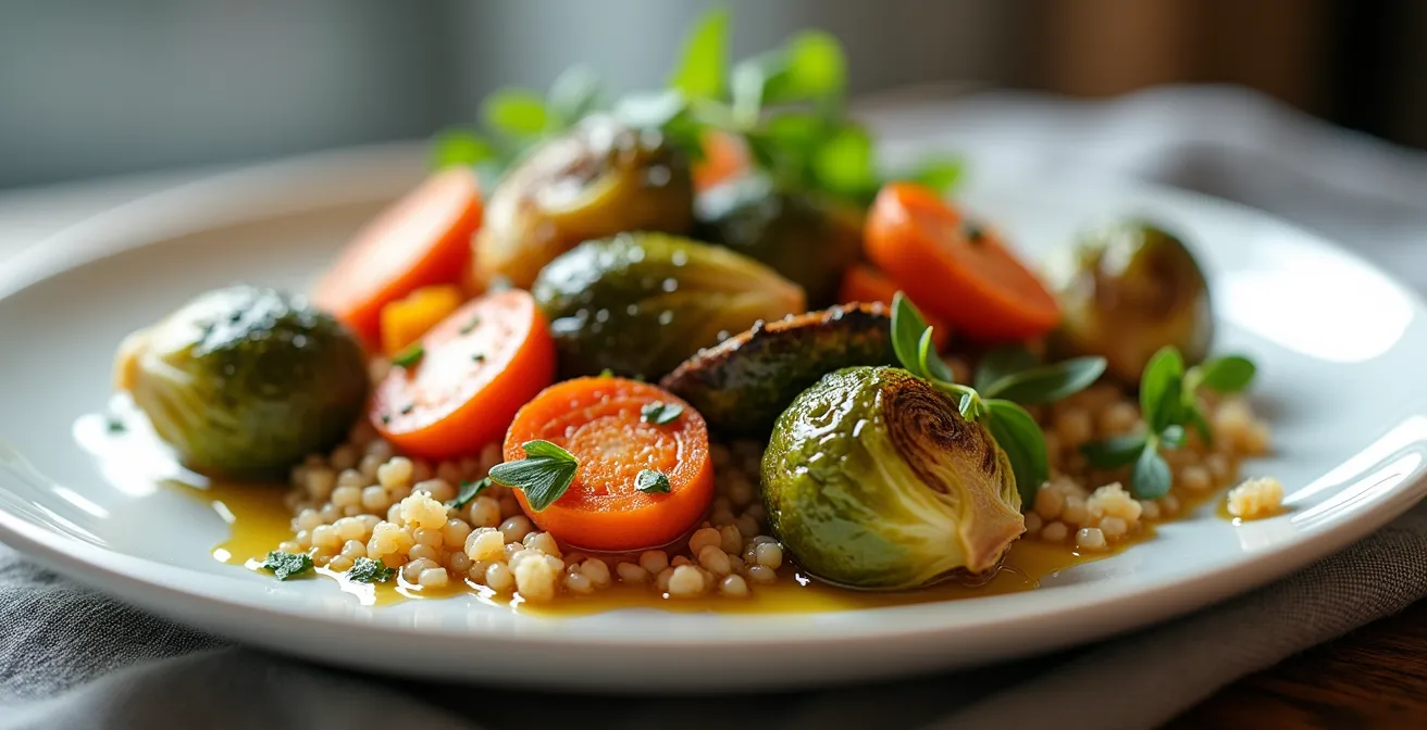 Assiette équilibrée avec légumes colorés et portion modérée de protéines