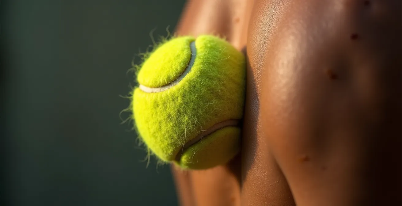 Vue détaillée d'une balle de tennis pressée contre les muscles du dos avec zones de tension visibles