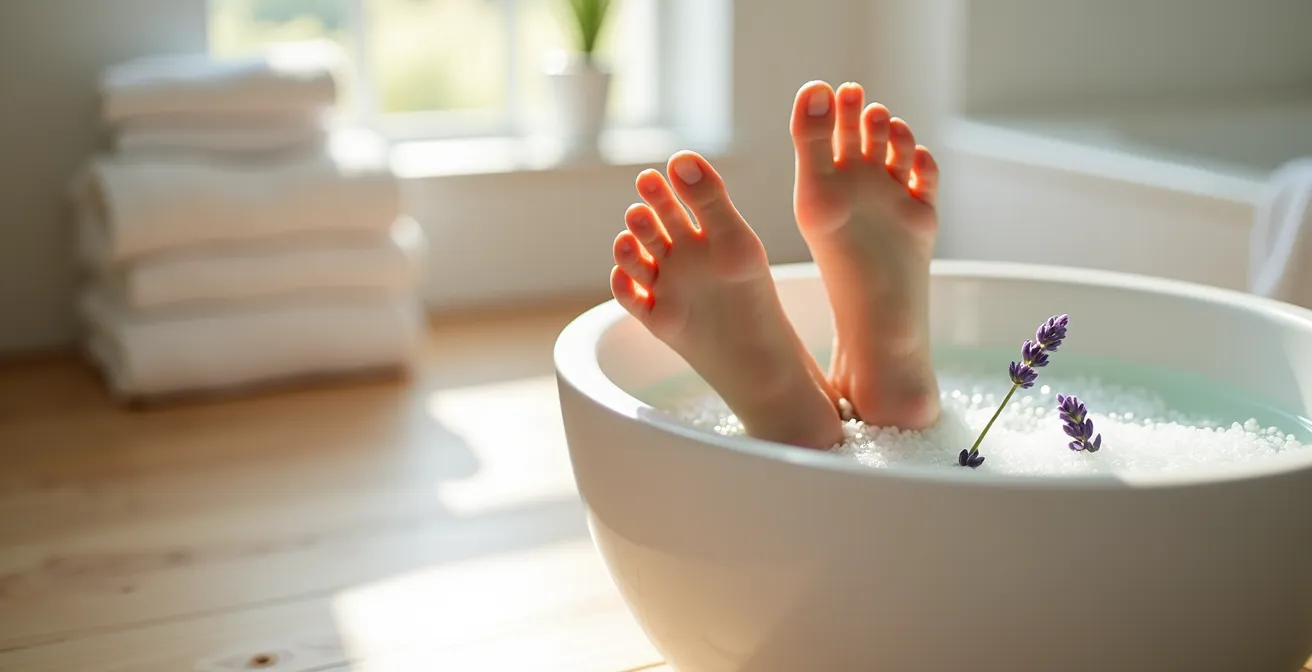 Pieds dans une bassine d'eau avec cristaux de sel d'Epsom visibles