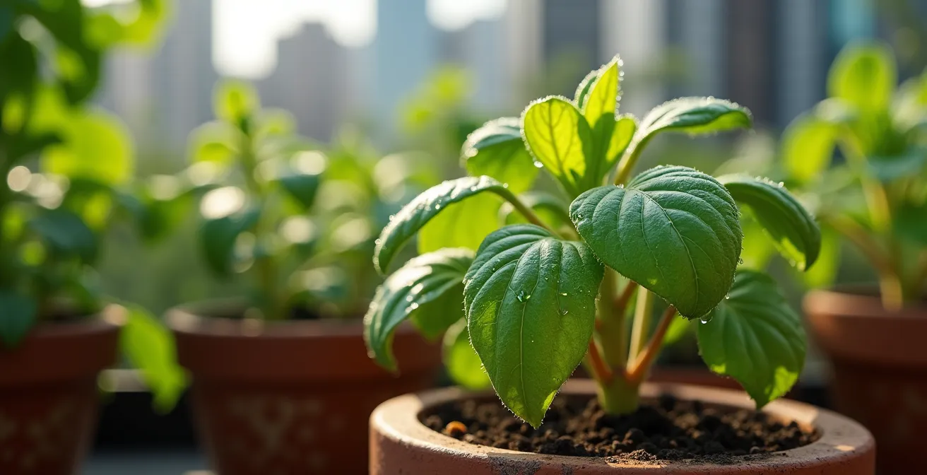 Balcon végétalisé en milieu urbain avec plantes aromatiques et verdure luxuriante