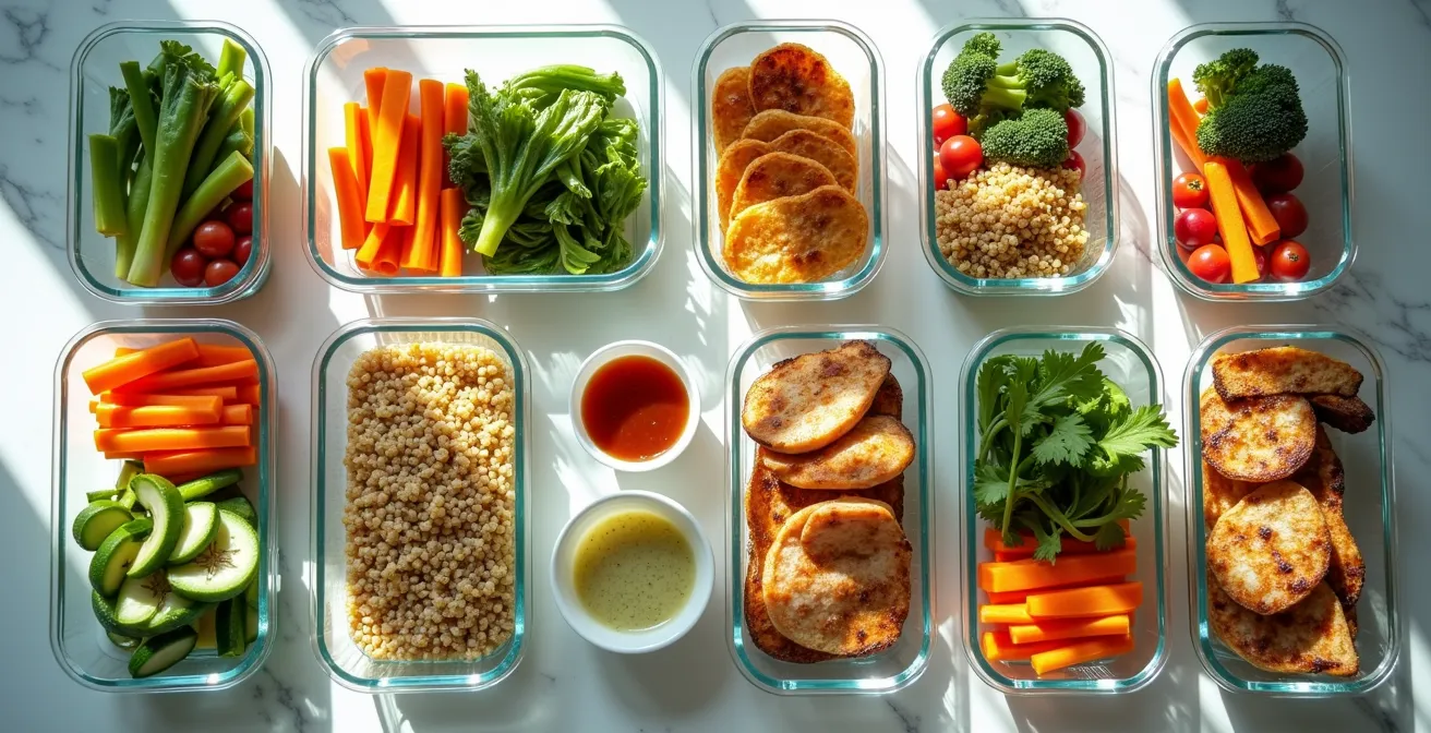 Vue aérienne d'un plan de travail avec contenants de batch cooking colorés et organisés