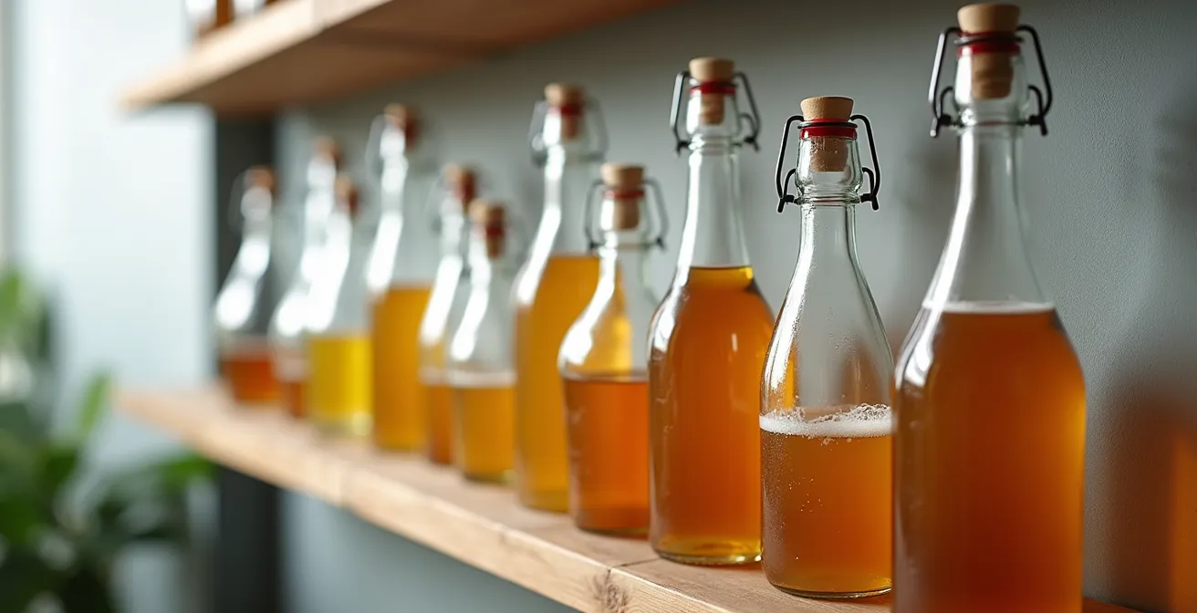 Alignement de différentes bouteilles à fermeture mécanique sur une étagère, avec focus sur les bouchons renforcés