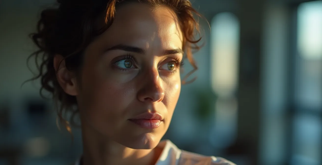 Portrait serré d'une personne en réflexion profonde montrant des signes de lassitude