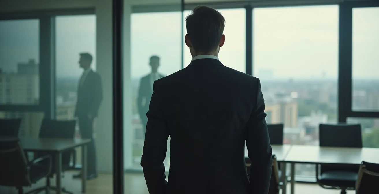 Personne en costume professionnel face à un miroir dans un bureau moderne