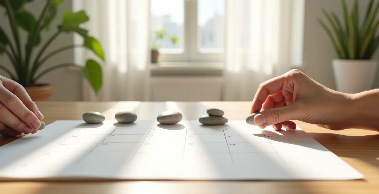 Mains posées sur un agenda avec des marqueurs visuels indiquant les séances de massage