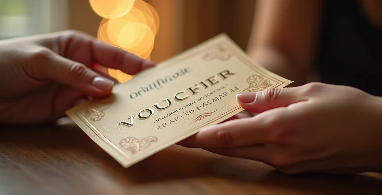 Main tenant délicatement une carte cadeau pour massage, symbole d'engagement personnel