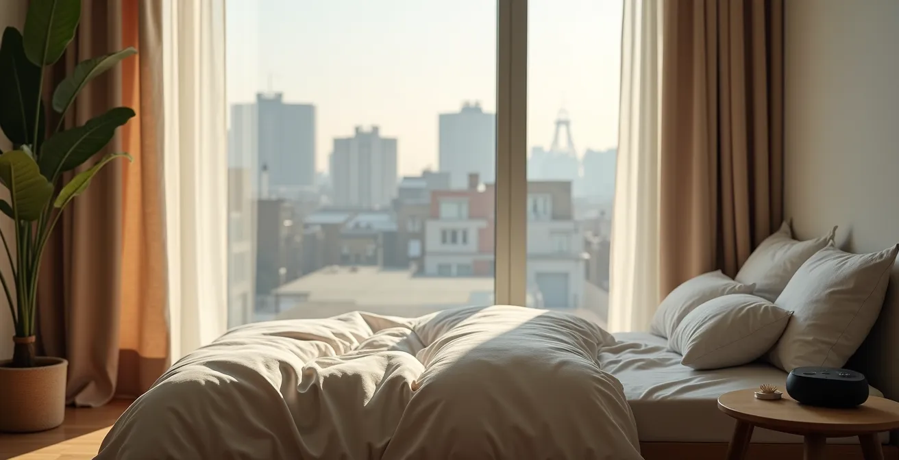 Environnement de sieste avec éléments sensoriels apaisants dans un espace urbain