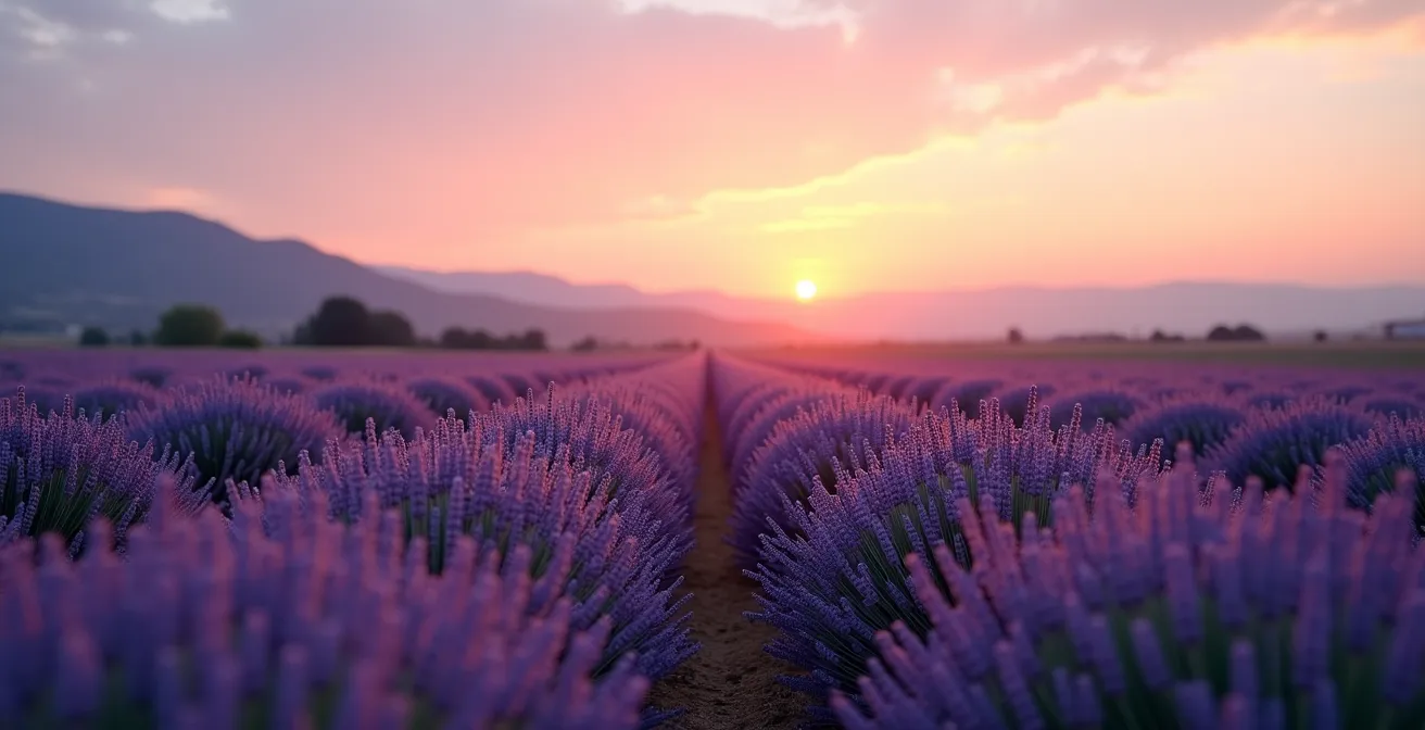 Champs de lavande au coucher du soleil évoquant la détente et le sommeil réparateur