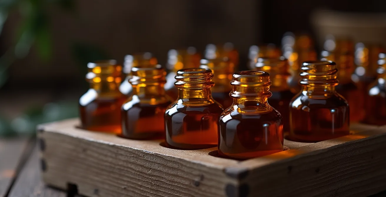Flacons ambrés d'huiles essentielles rangés dans un environnement sombre et frais pour conservation optimale