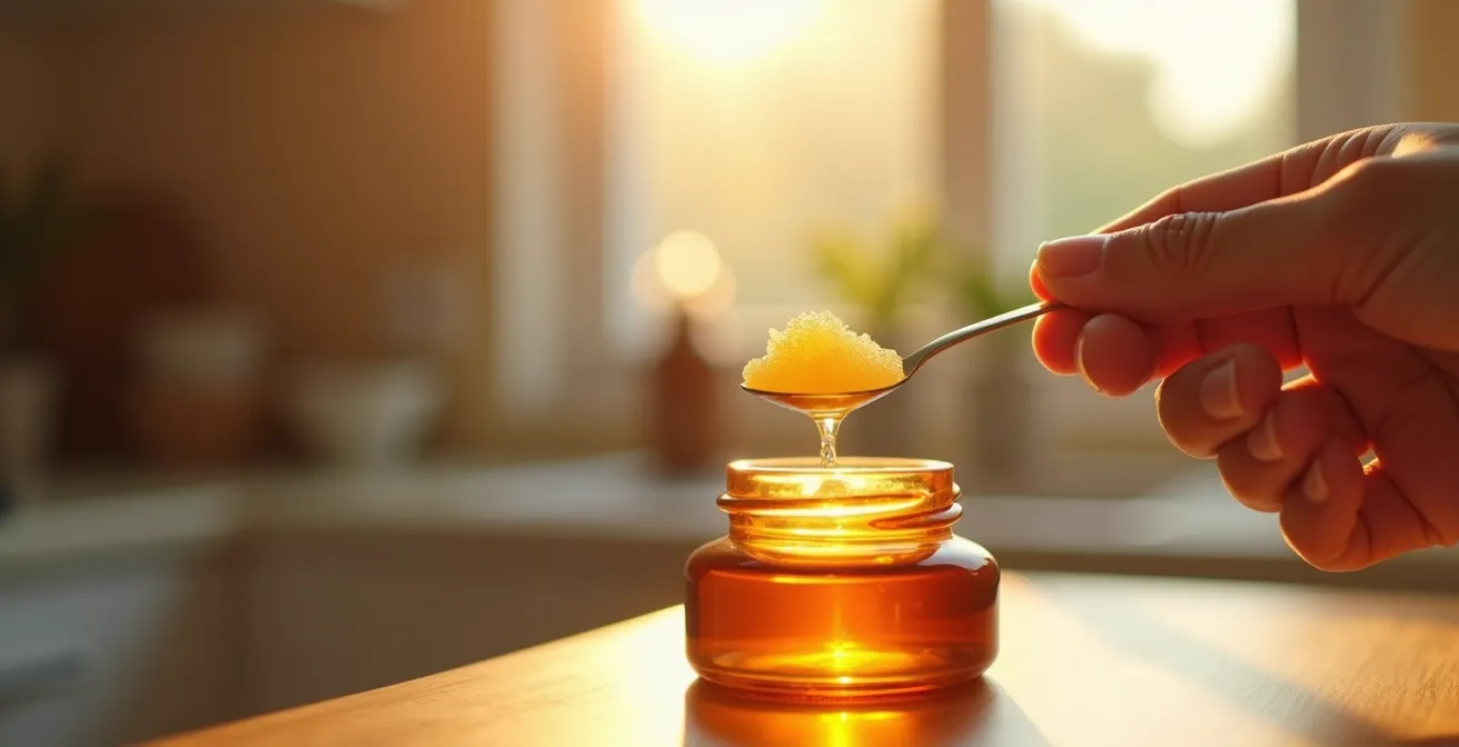 Cuillère doseuse avec gelée royale fraîche nacrée sur pot en verre ambré