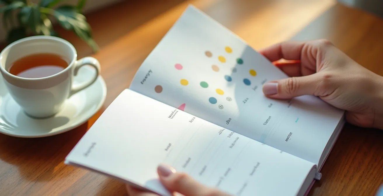 Femme consultant un calendrier avec des annotations colorées représentant les différentes phases du cycle menstruel