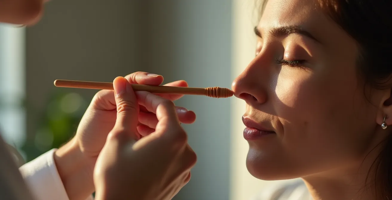 Séance de diagnostic olfactif entre un aromathérapeute et son patient, montrant la présentation méthodique d'échantillons d'huiles essentielles