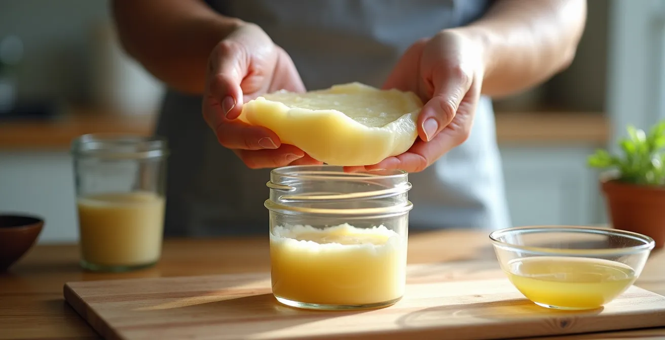 Mains propres manipulant délicatement un SCOBY au-dessus d'un bocal en verre, avec du liquide starter acide visible