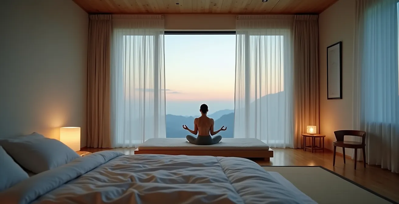 Vue large d'une chambre minimaliste au crépuscule avec une personne allongée pratiquant la respiration