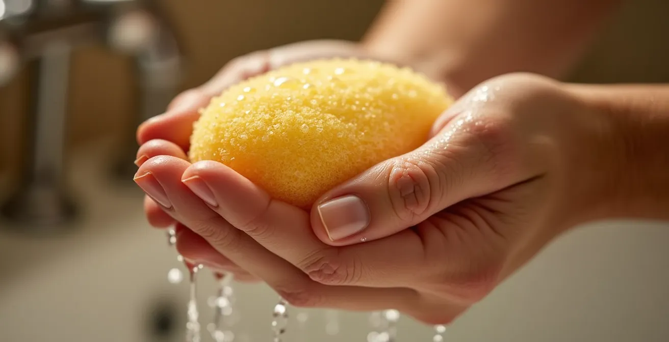 Macro d'une éponge naturelle avec gouttes d'eau perlant à la surface, lumière latérale créant des textures