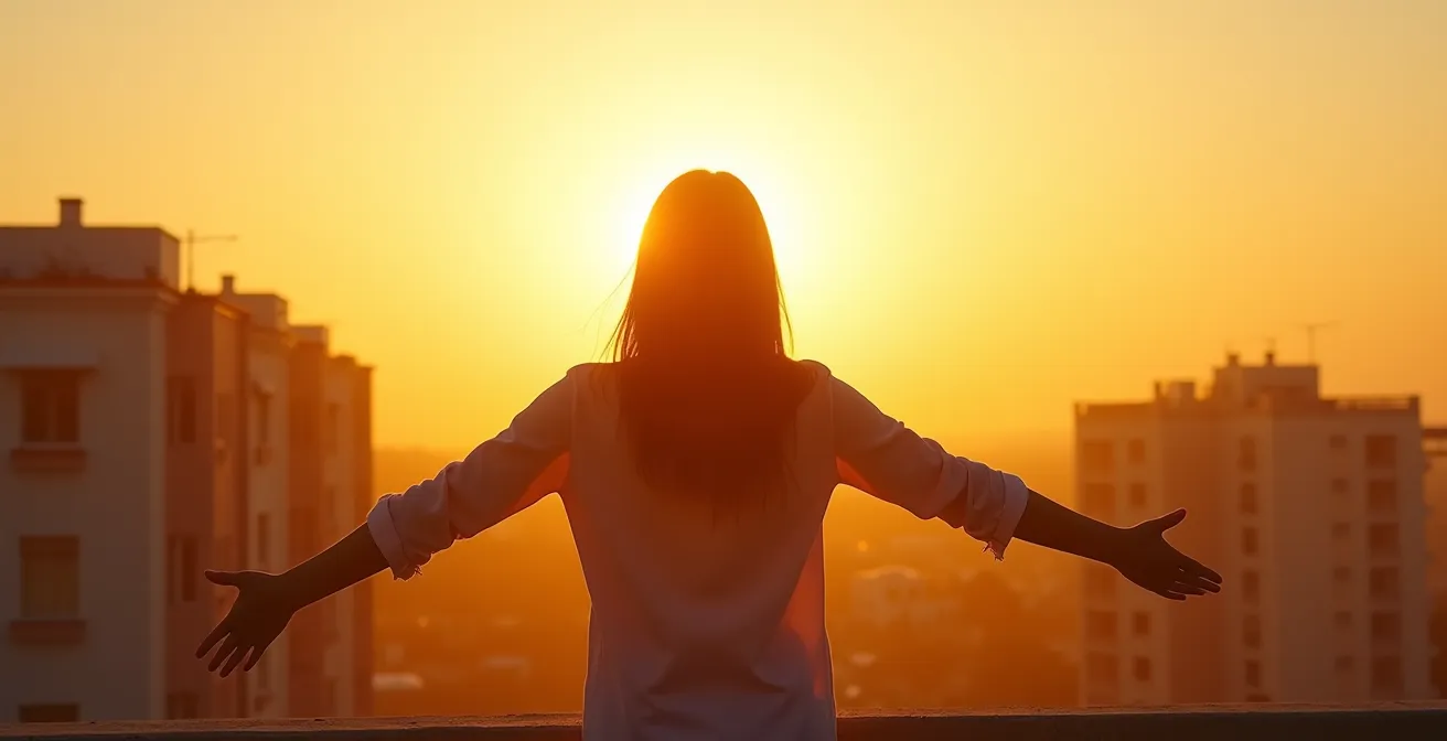 Personne profitant de la lumière matinale naturelle en extérieur