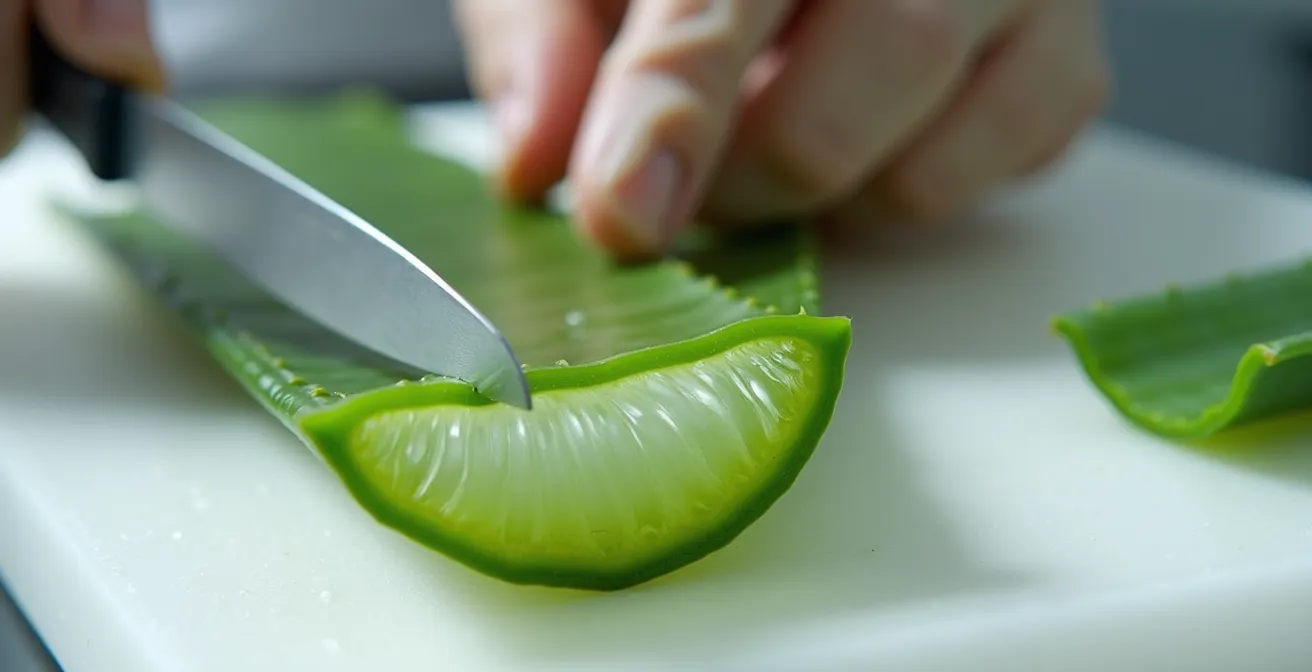 Mains expertes pelant délicatement une feuille d'aloe vera pour extraire le gel pur