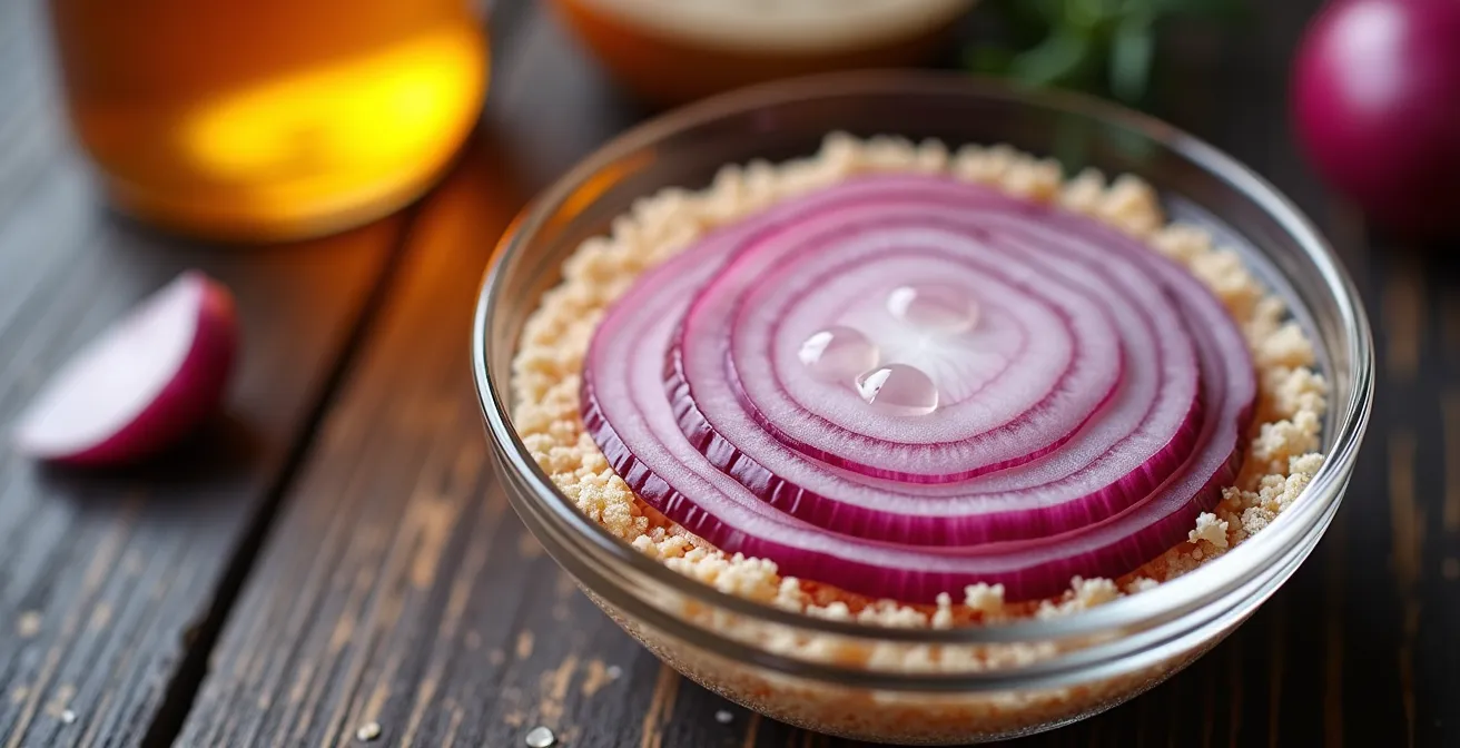 Oignon rouge coupé en rondelles macérant dans du sucre cristallisé