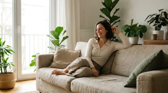 Moment de relaxation naturelle dans un salon lumineux avec plantes vertes