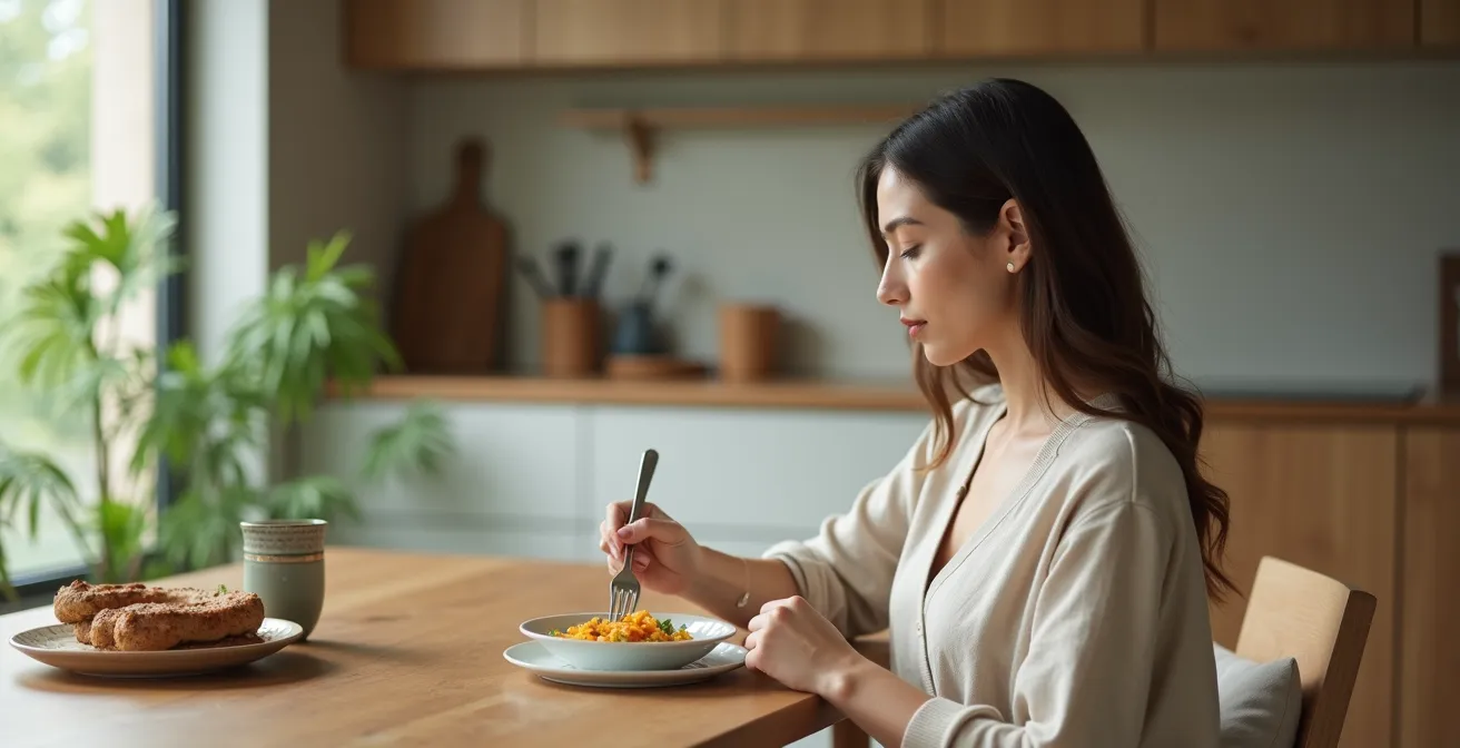 Femme pratiquant l'alimentation consciente lors d'un repas