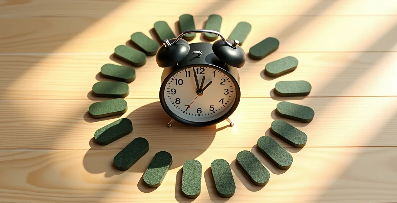 Vue en plongée d'un réveil vintage entouré de comprimés de spiruline disposés en arc de cercle suggérant les moments optimaux de prise