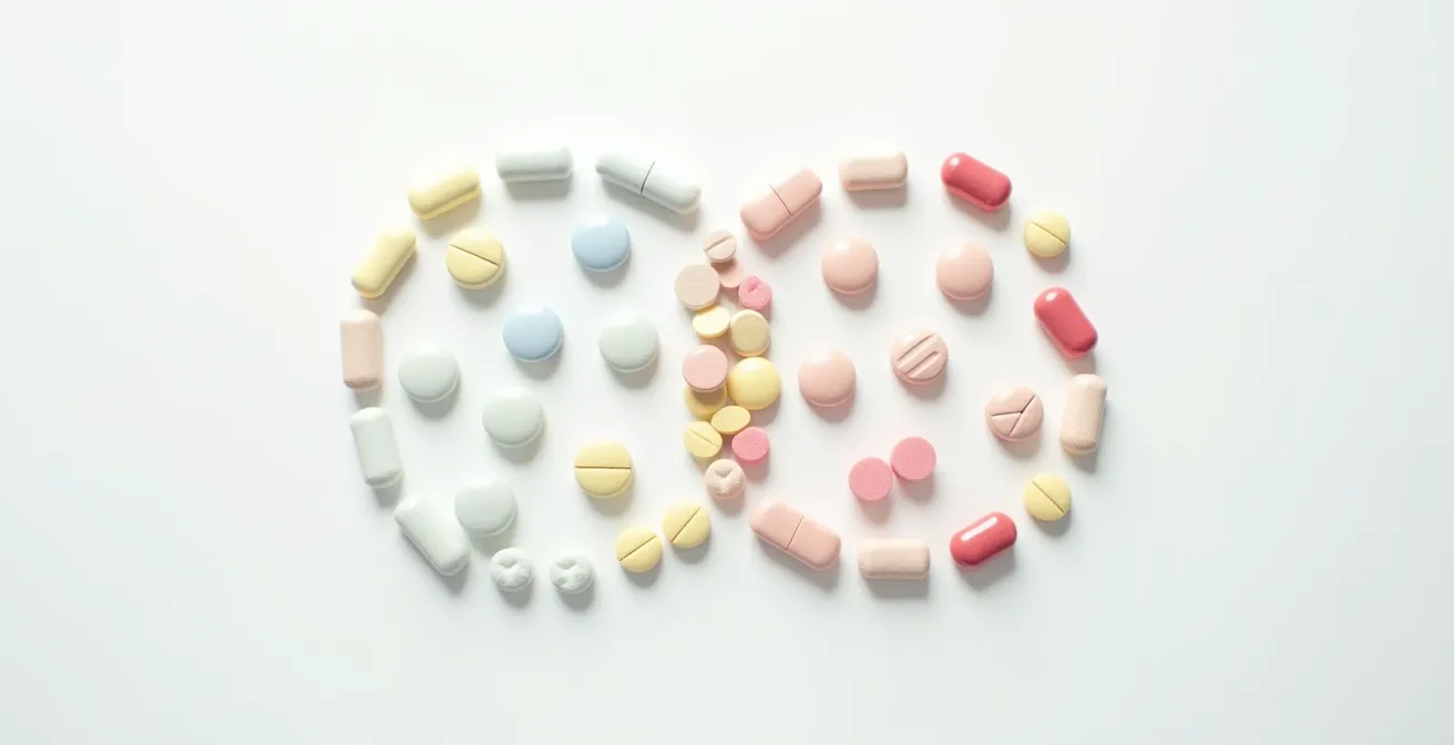 Vue aérienne minimaliste de différentes pilules colorées disposées en motif d'interaction complexe sur fond blanc épuré