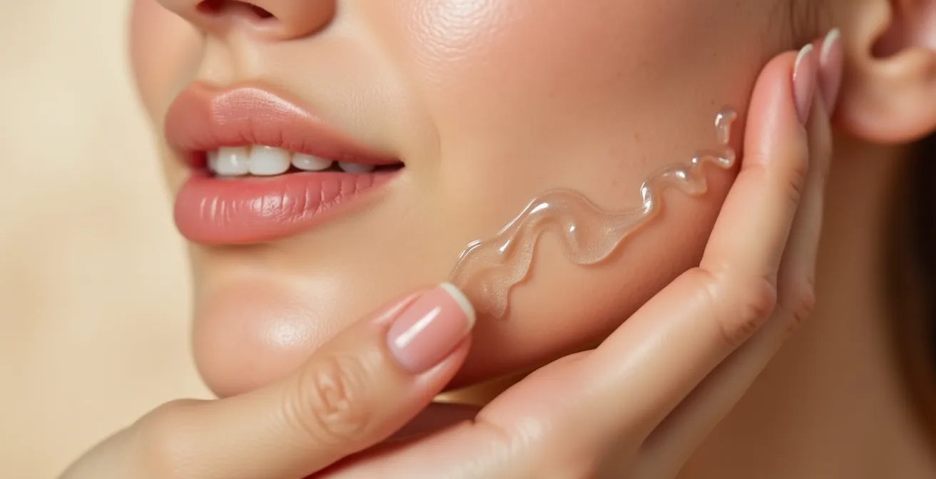 Gros plan sur des mains appliquant un sérum transparent par tapotements délicats sur une joue