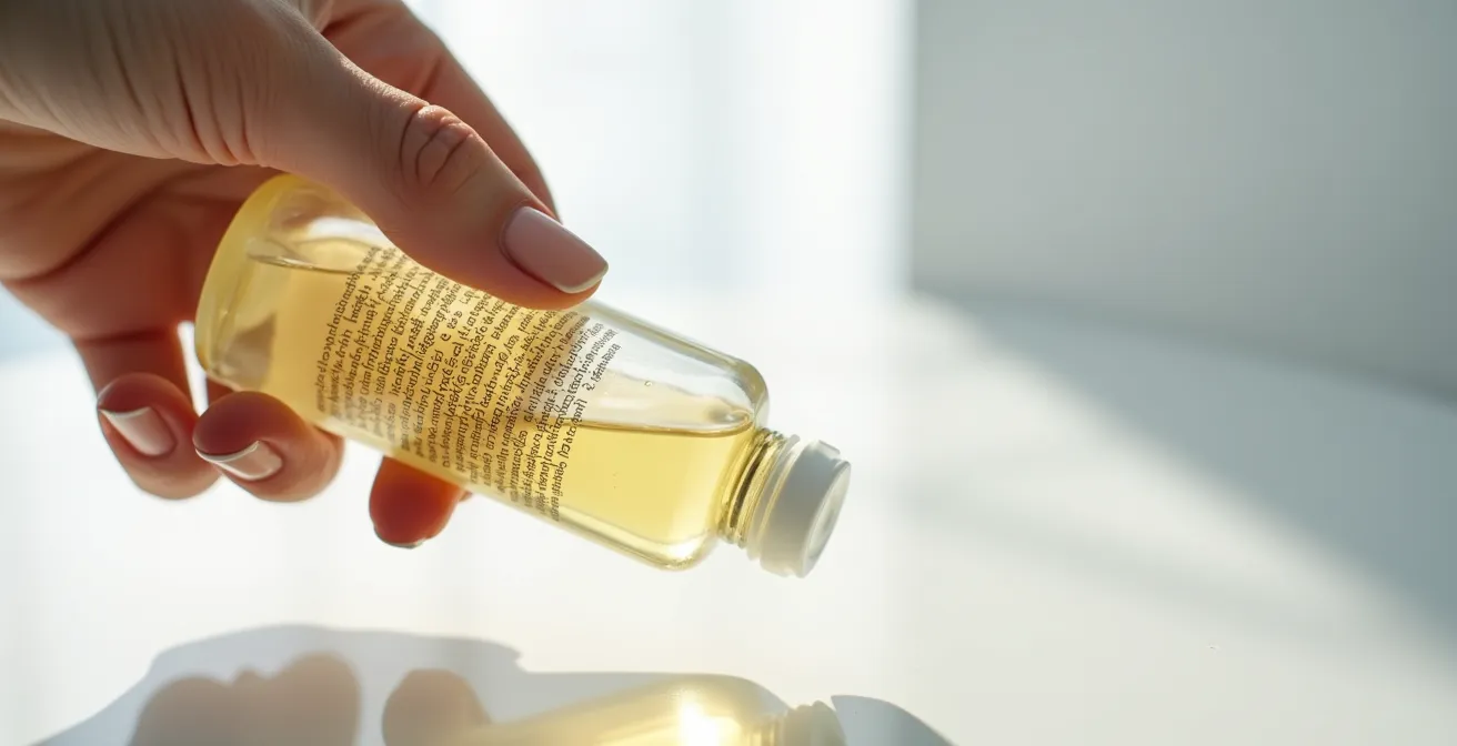 Main tenant un flacon de cosmétique avec une loupe sur la liste des ingrédients pour illustrer la lecture d'étiquette.