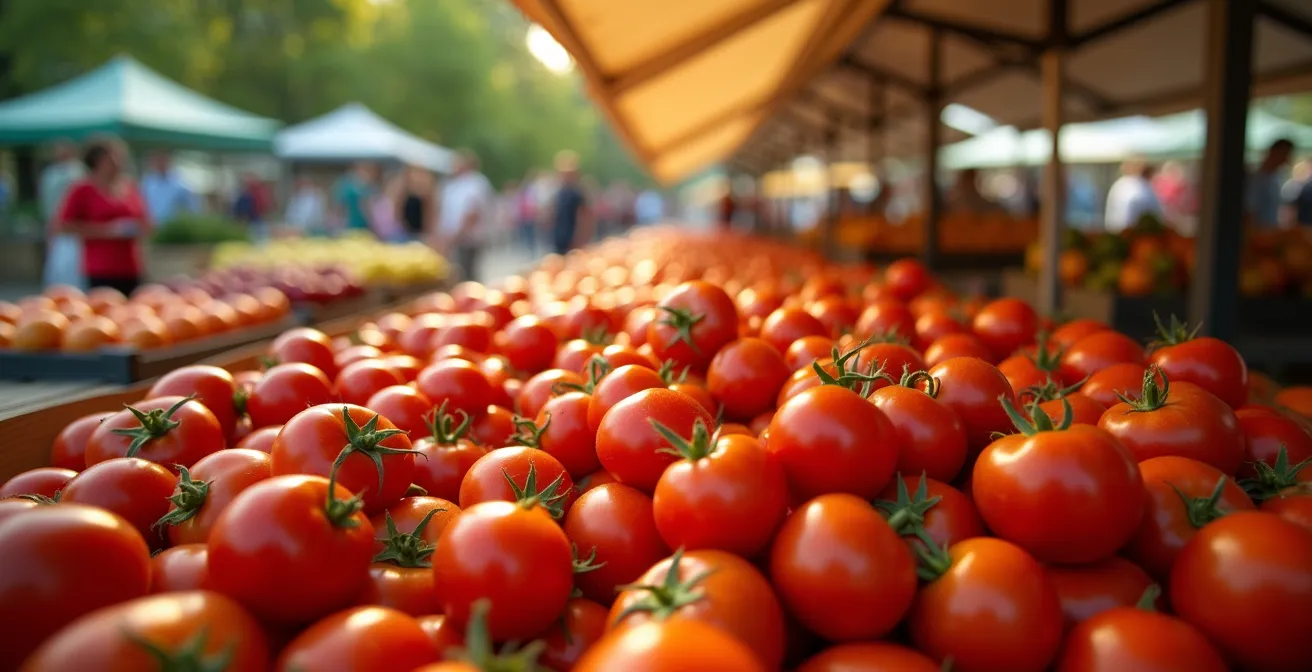 Stand de marché avec tomates bio en pleine saison d'été