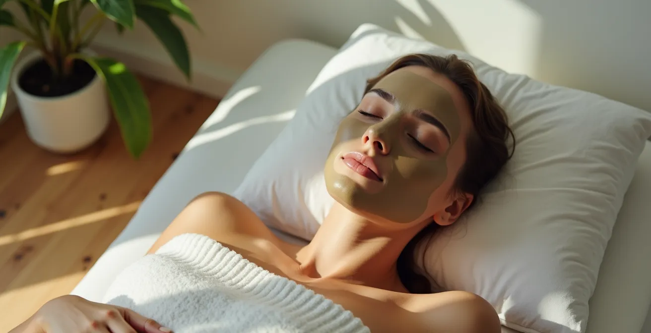 Femme allongée avec un masque à l'argile, yeux fermés en méditation