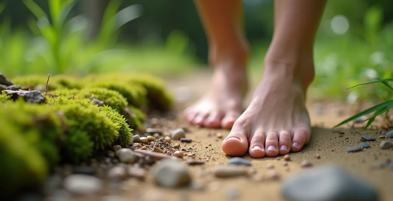 Gros plan sur des pieds nus marchant sur différentes textures naturelles avec une profondeur de champ très faible