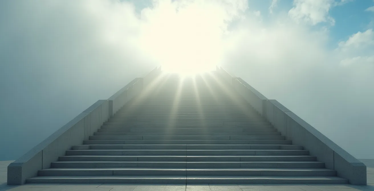 Vue en contre-plongée d'un escalier moderne s'élevant vers un ciel lumineux, métaphore de la progression par étapes