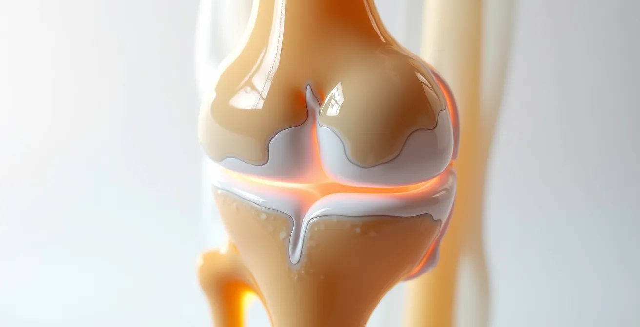 Vue macro d'une articulation du genou en coupe montrant le cartilage et le liquide synovial