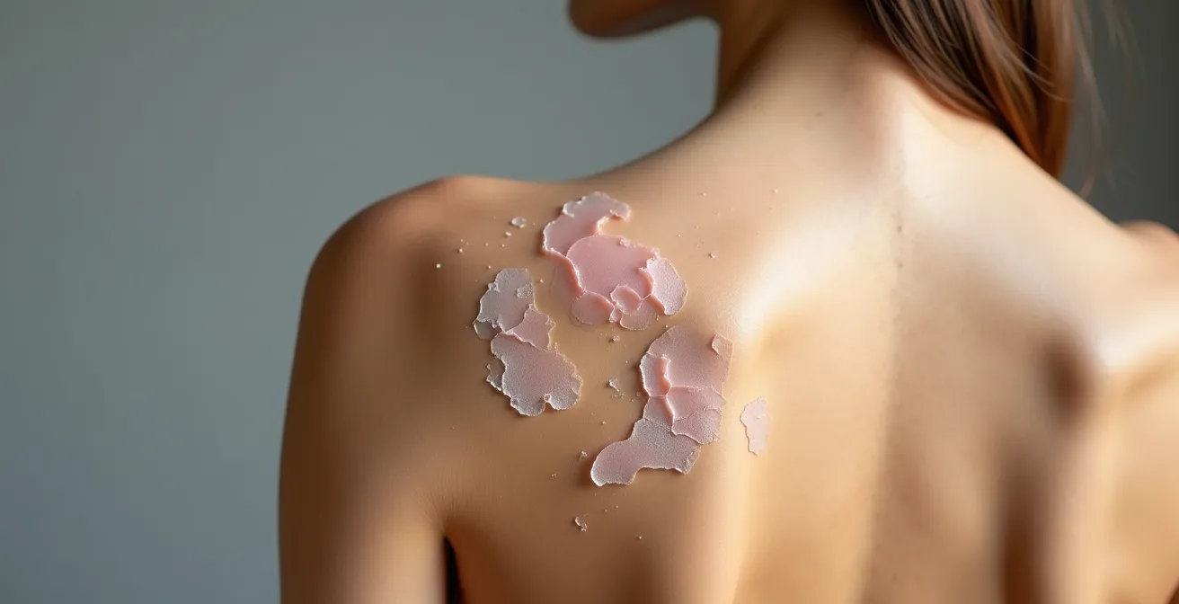 Macro photographie d'une texture de peau saine mais montrant une légère desquamation naturelle, signe de renouvellement.