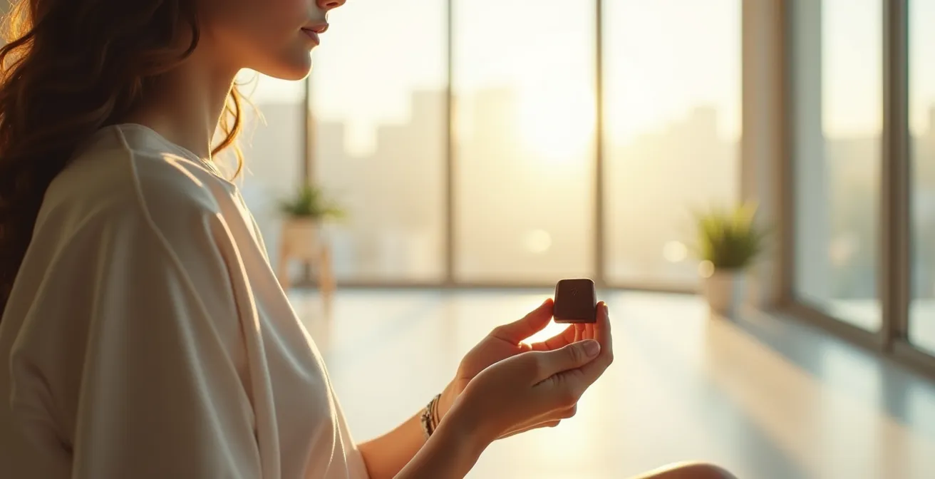 Moment de dégustation consciente d'un carré de chocolat dans une atmosphère sereine