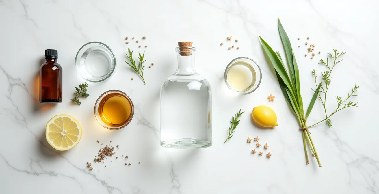 Préparation artisanale d'un antiseptique aux huiles essentielles avec ingrédients naturels disposés