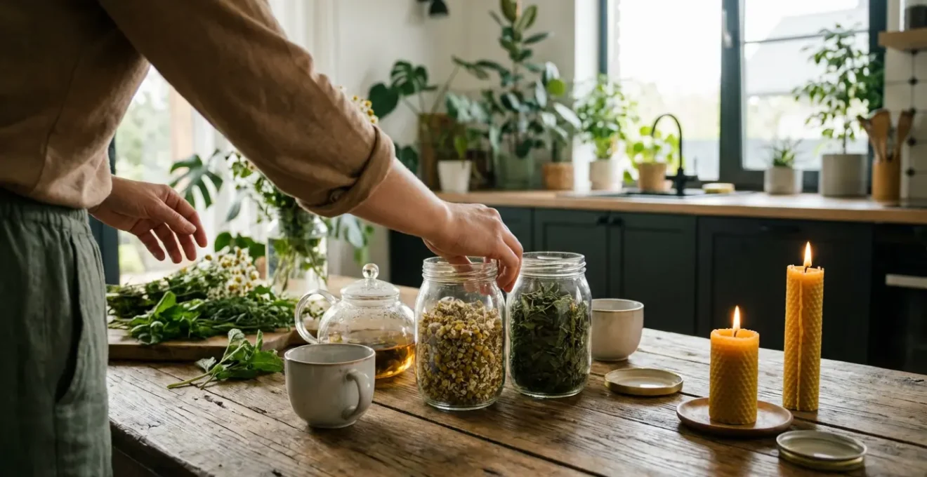 Préparation d'un rituel bien-être avec tisane et plantes aromatiques pour optimiser la relaxation CBD