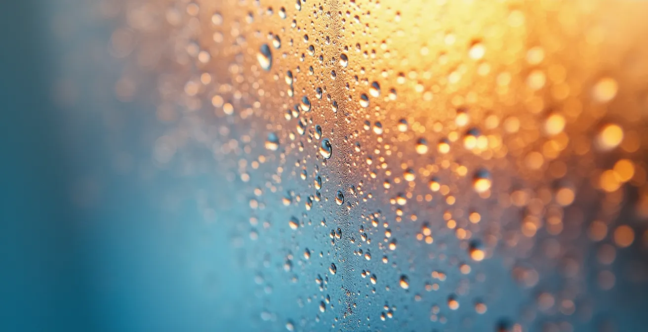 Vue macro de gouttelettes d'eau sur une surface de verre avec effet de condensation, évoquant la transition thermique progressive.