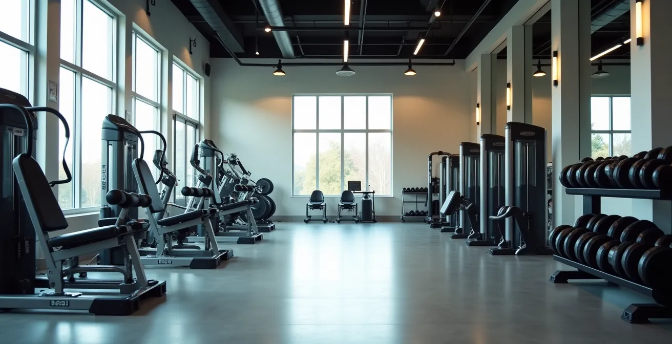 Vue d'ensemble d'une salle de sport montrant la progression d'équipements, des machines guidées aux poids libres