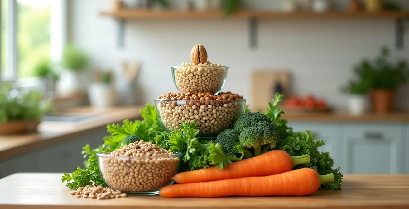 Composition pyramidale d'aliments frais et naturels sur surface en bois