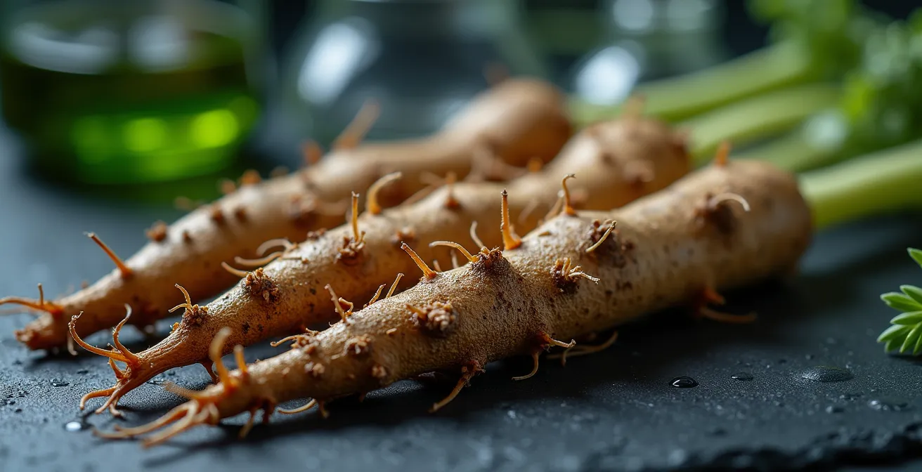 Racines de valériane fraîches avec représentation symbolique de l'action sur le système nerveux