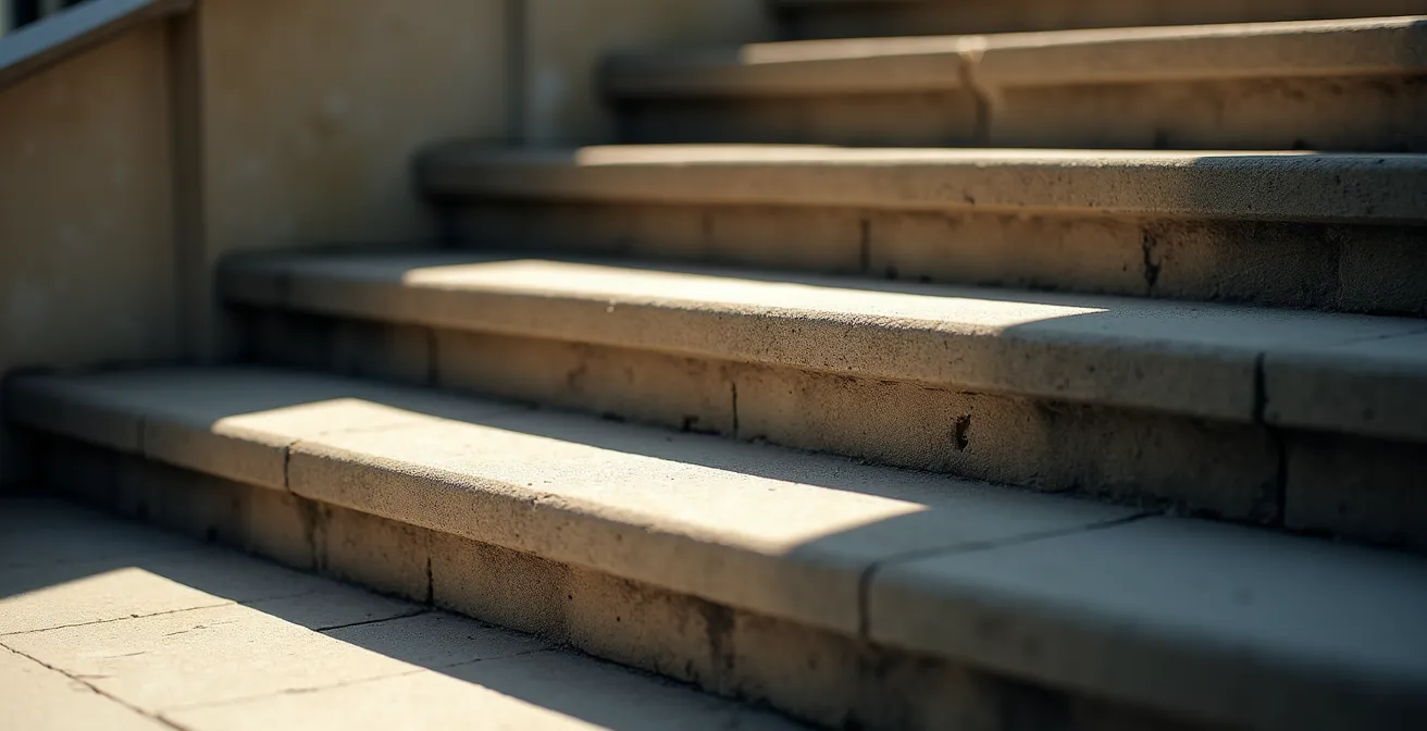 Escalier moderne ascendant avec paliers éclairés progressivement