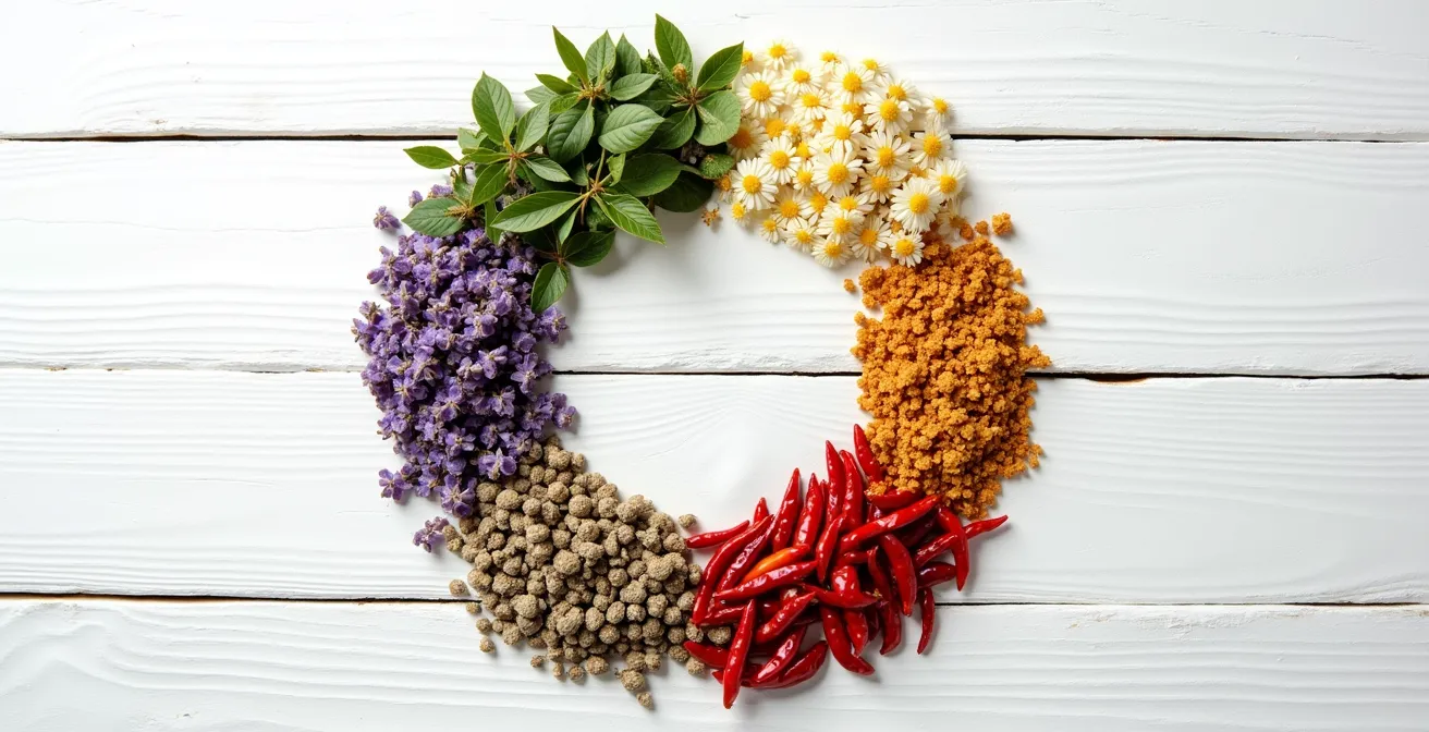 Arrangement circulaire de plantes séchées illustrant la roue des saveurs de l'herboriste