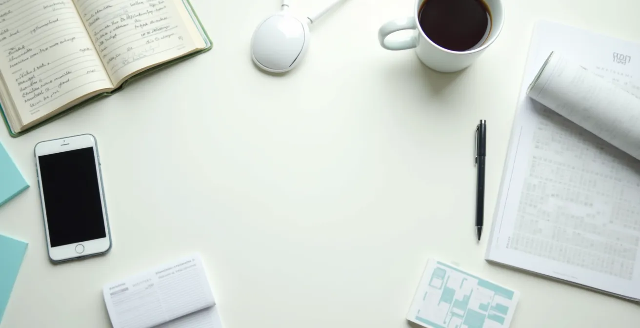 Vue aérienne minimaliste d'un bureau avec agenda, smartphone éteint et documents médicaux flous, symbolisant un parcours de soin organisé.