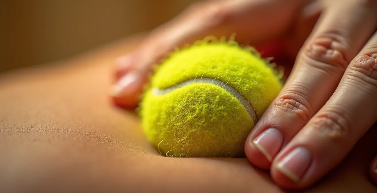 Détail macro d'une balle de tennis pressée contre un muscle du dos